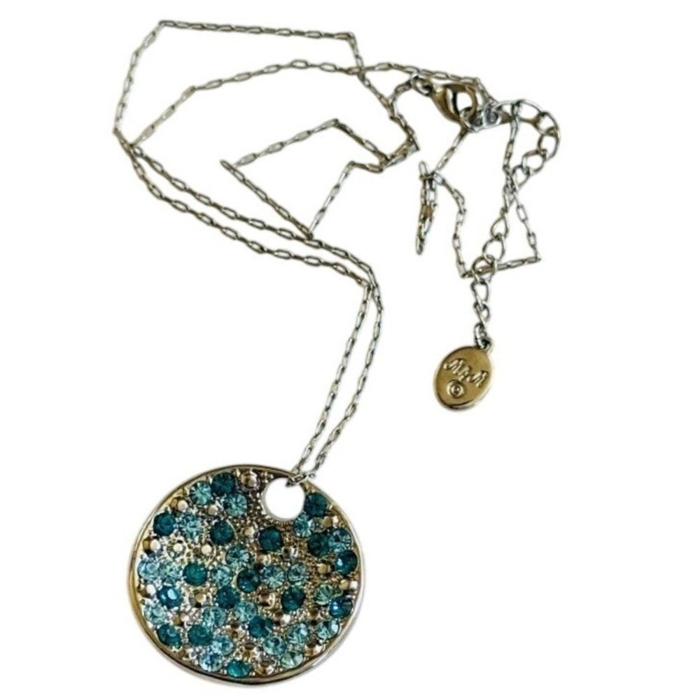 M4M Necklace Blue Crystal disc‎ silver chain Jeweled Rhinestone Designer Y2K 22"